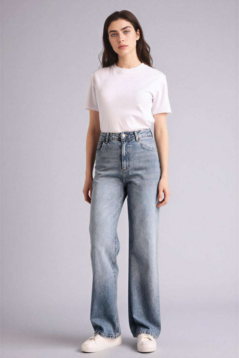DeFacto Blue Woman 100% Cotton 90's Wide Leg High Waist Long Jeans Casual - Image 1